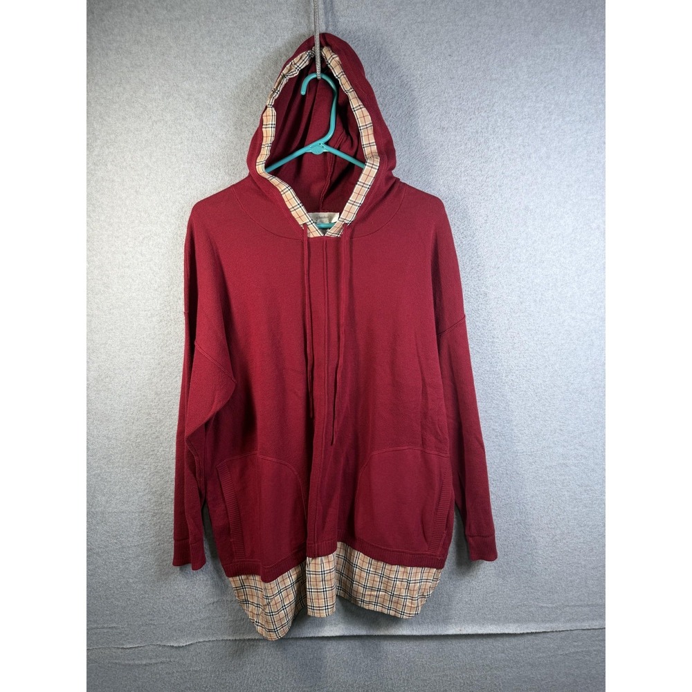 CJ Banks‎ Sweater Womens 1X Red Plaid Hooded Tunic Knit Pockets Long Sleeve